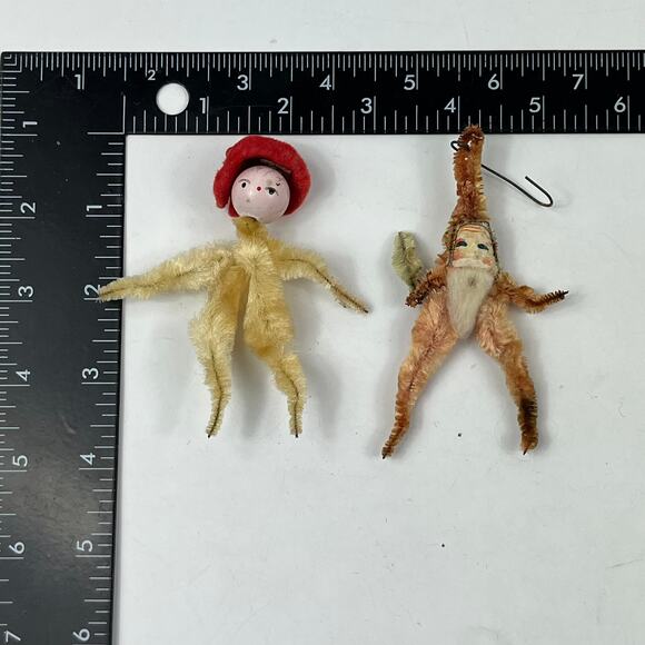 Vtg 1950s Pipe Cleaner Santa & Elf Ornaments Set Chenille Spun Head Christmas - Picture 3 of 3
